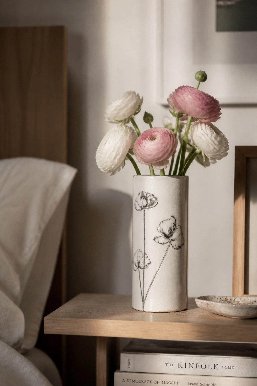 White vase with sketched flowers holding pink and white blooms on stacked books