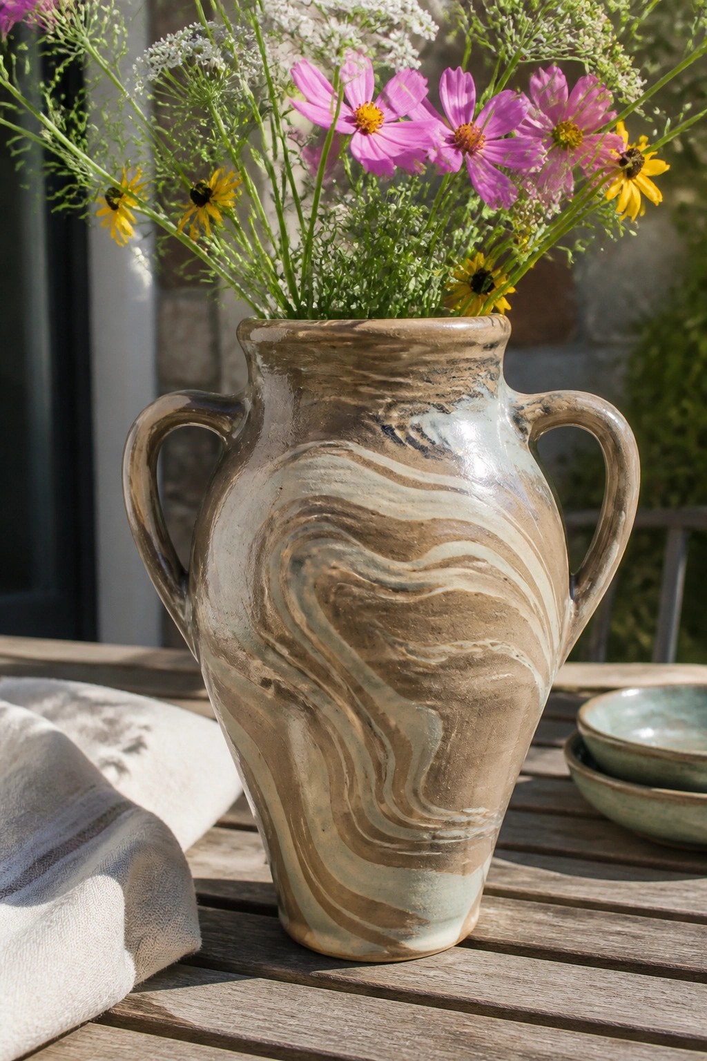 Marbled ceramic vase with pink cosmos and yellow flowers on wooden table