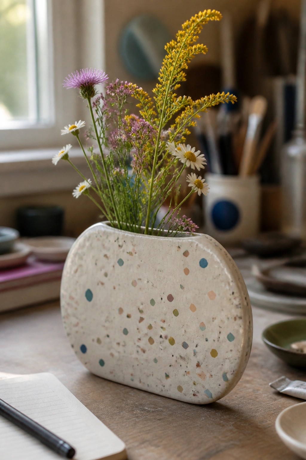 Speckled ceramic vase with wildflowers on wooden table beside notebook and pen