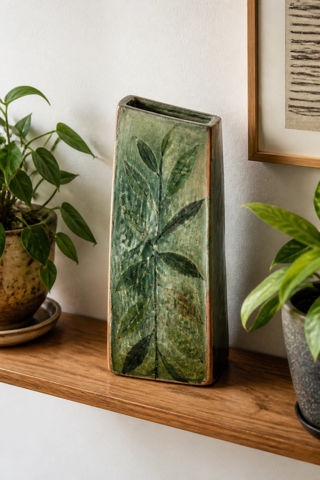 Green ceramic vase with leaf design on wooden shelf between potted plants