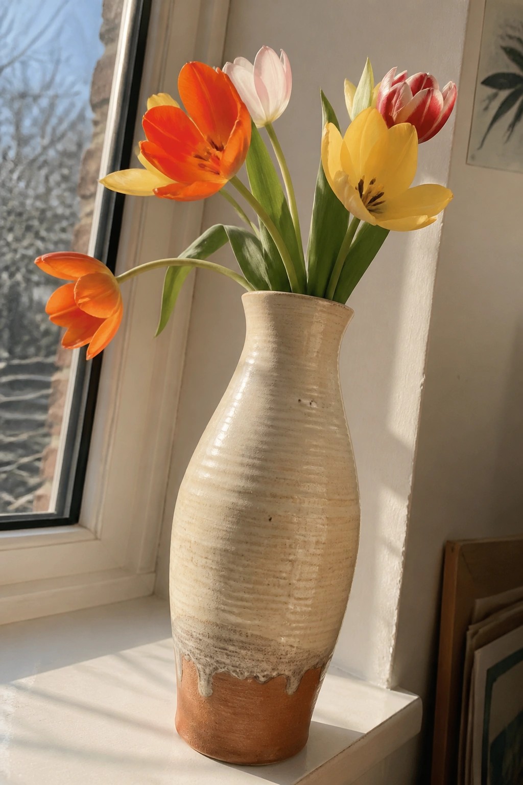 Beige ceramic vase with orange, yellow, and pink tulips on windowsill