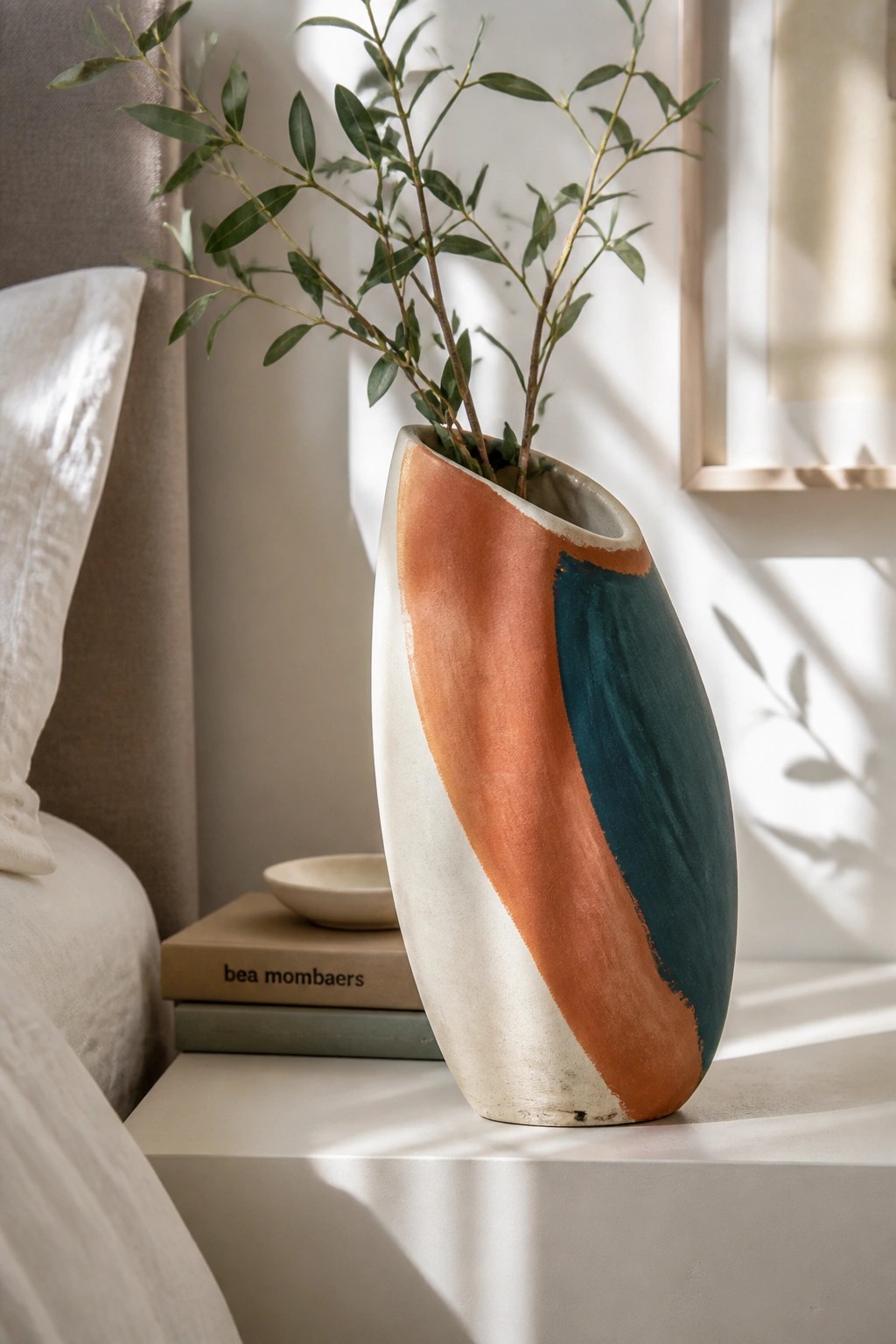 Colorful abstract ceramic vase with branches on books beside a bed