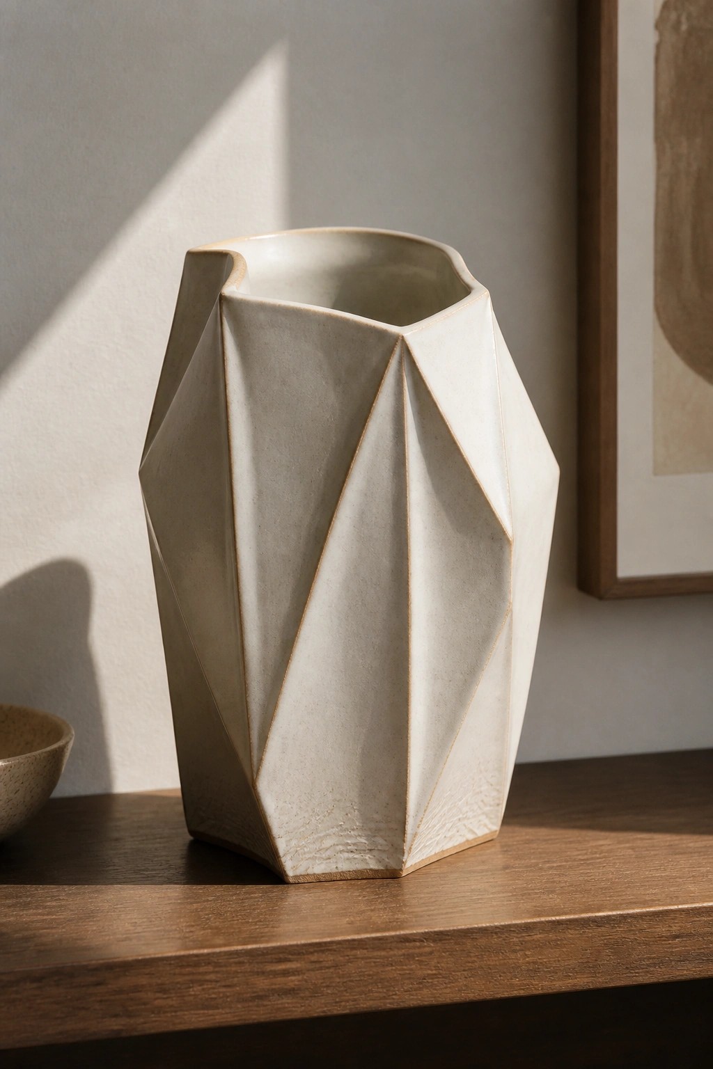 Geometric off-white ceramic vase with angular facets on wooden table in sunlight
