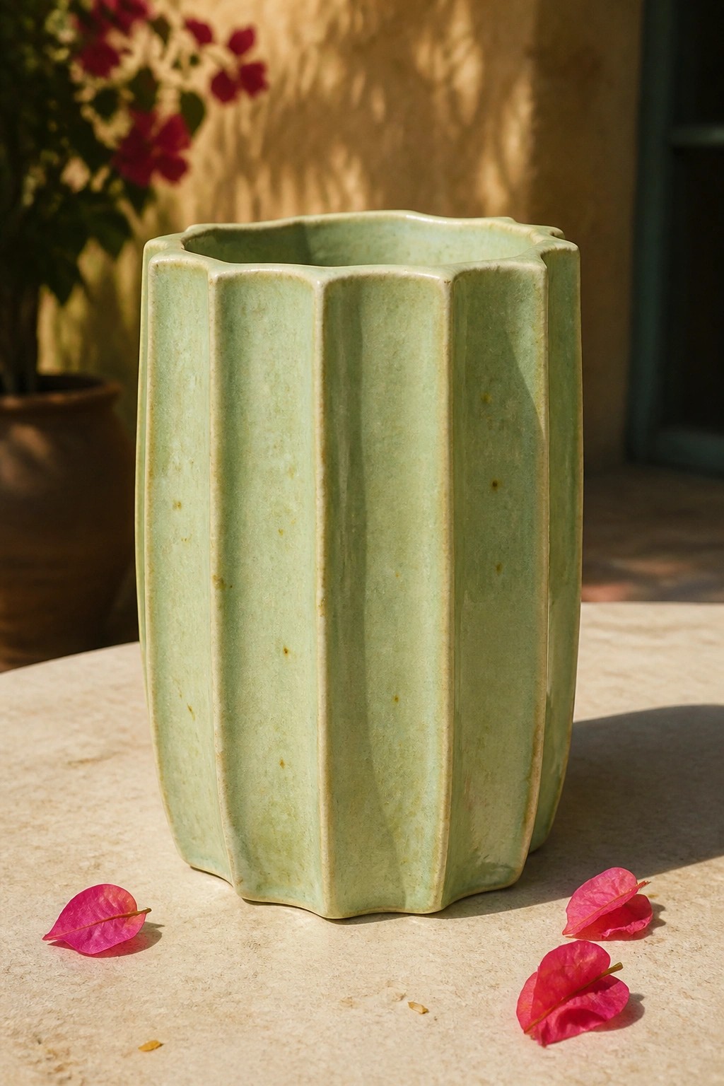 Green fluted ceramic vase with pink petals on sunlit stone table.