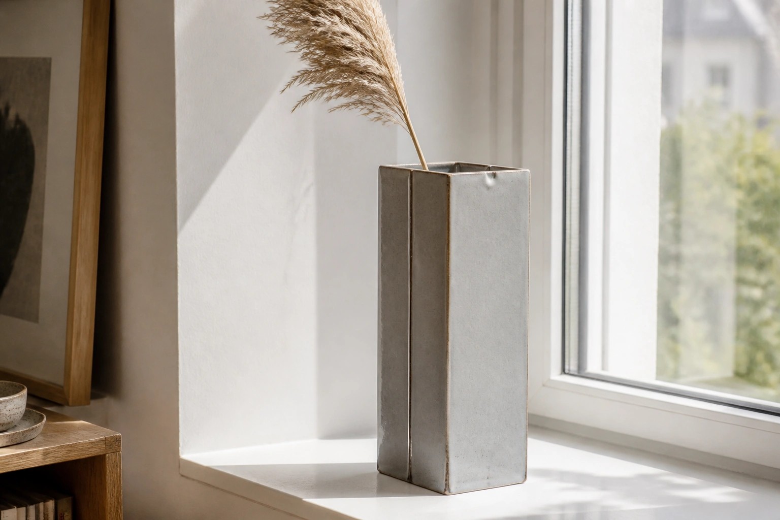 Tall gray ceramic vase with dried pampas grass on sunlit white windowsill