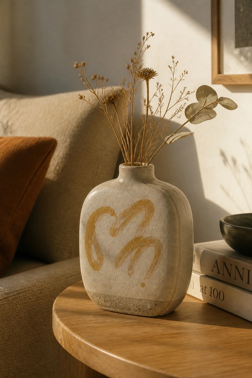 Beige ceramic vase with gold abstract design holding dried flowers on wooden table