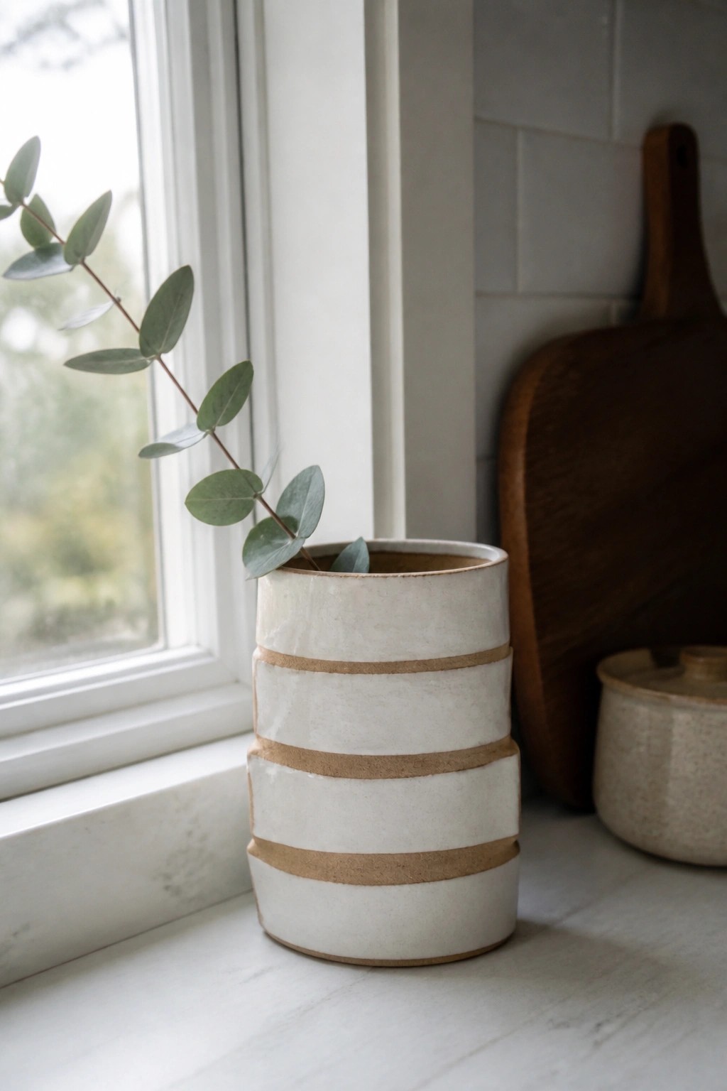 Striped ceramic vase with eucalyptus branch on windowsill beside wooden cutting board.