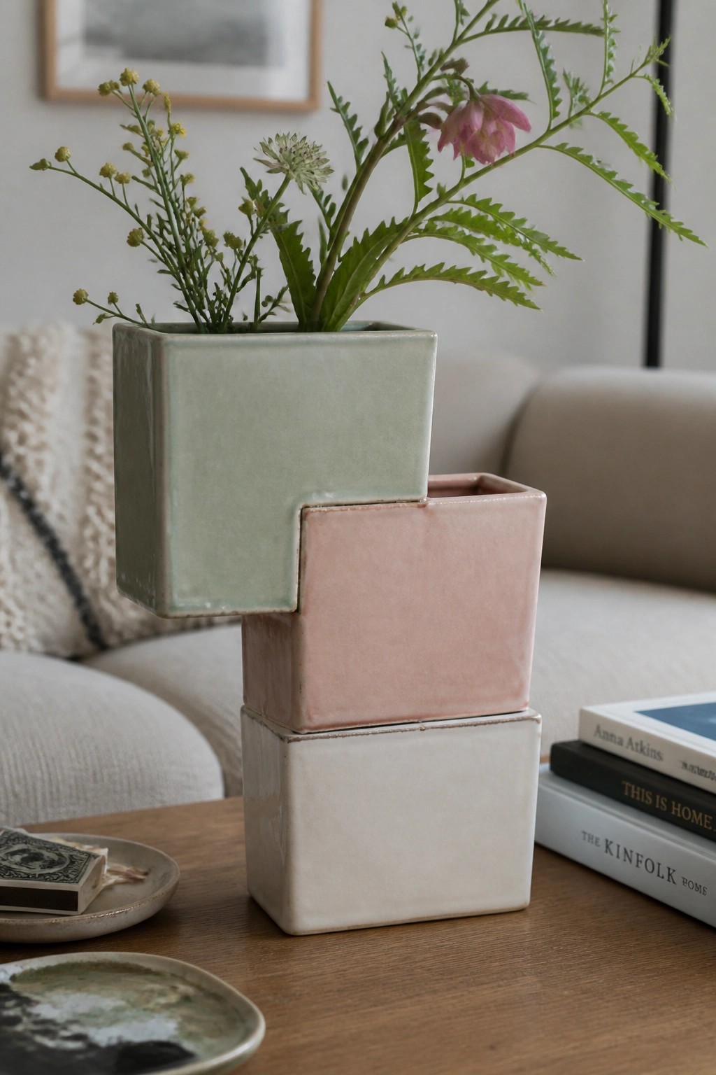 Stacked pastel ceramic planters with wildflowers on wooden table beside books