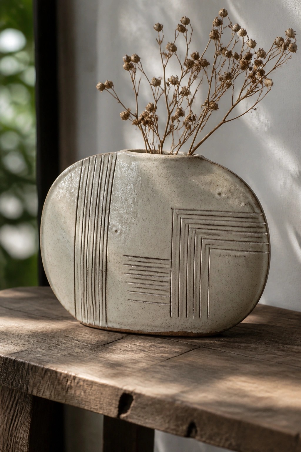 Oval ceramic vase with geometric etchings holding dried stems on wooden table
