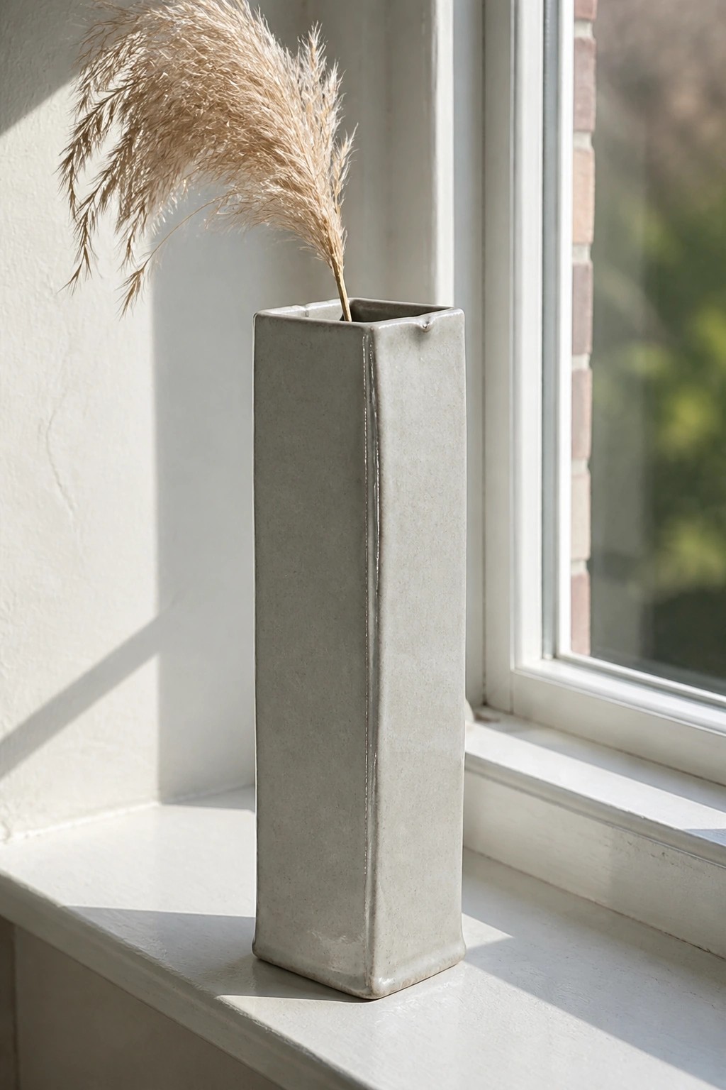 Tall gray ceramic vase with dried pampas grass on sunlit white windowsill