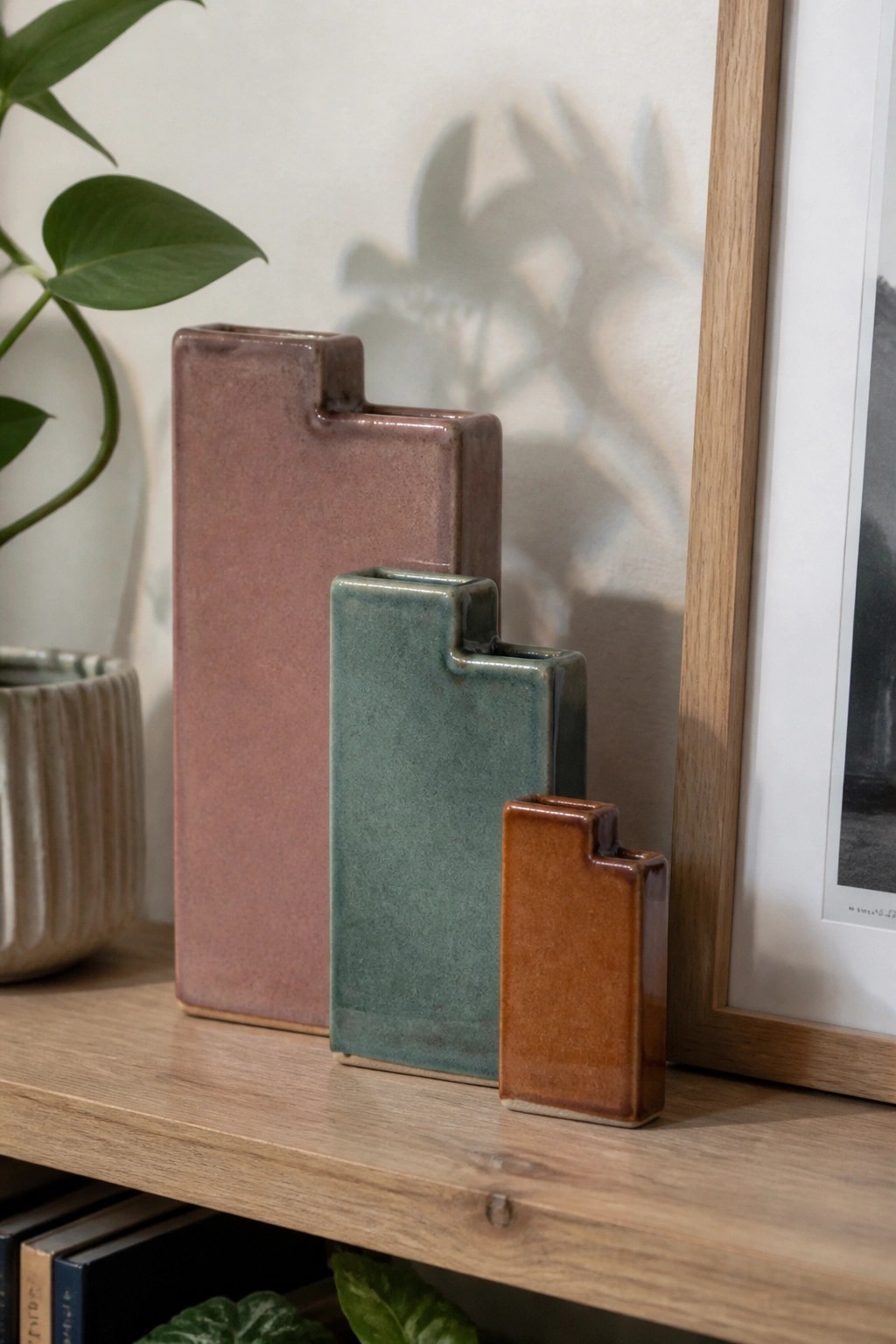 Three stepped ceramic vases in pink, teal, and brown on wooden shelf