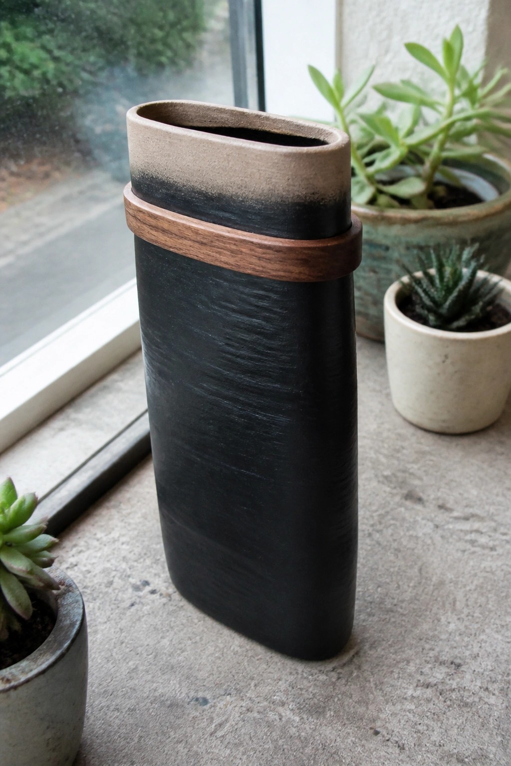 Matte black ceramic vase with wooden band on windowsill amid potted succulents.