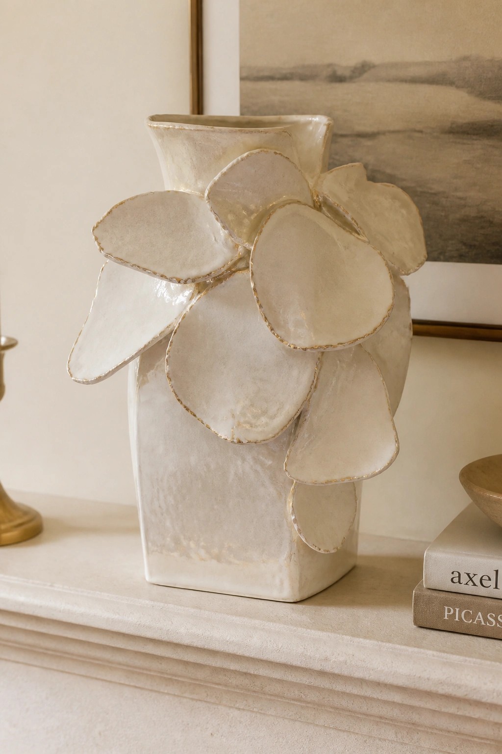Ceramic vase with square base, textured off-white surface, and large irregular petals with gold edges attached to the upper body.