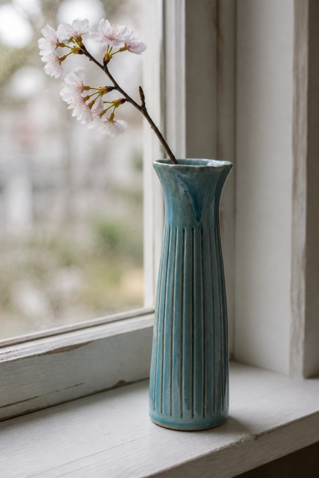 Light blue ribbed ceramic vase with cherry blossoms on white windowsill