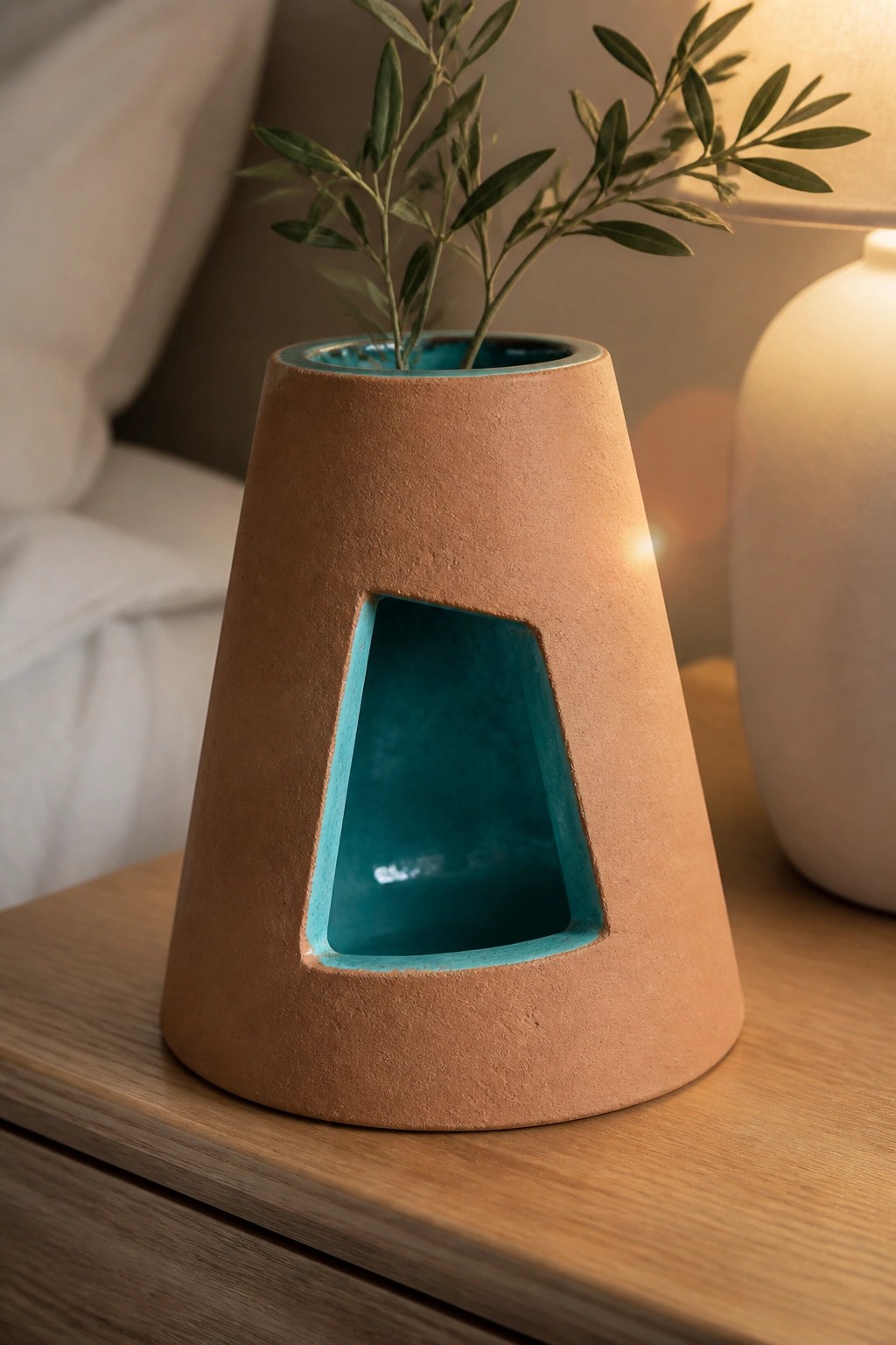 Brown clay pot with blue interior cutout holding green plant on wood table