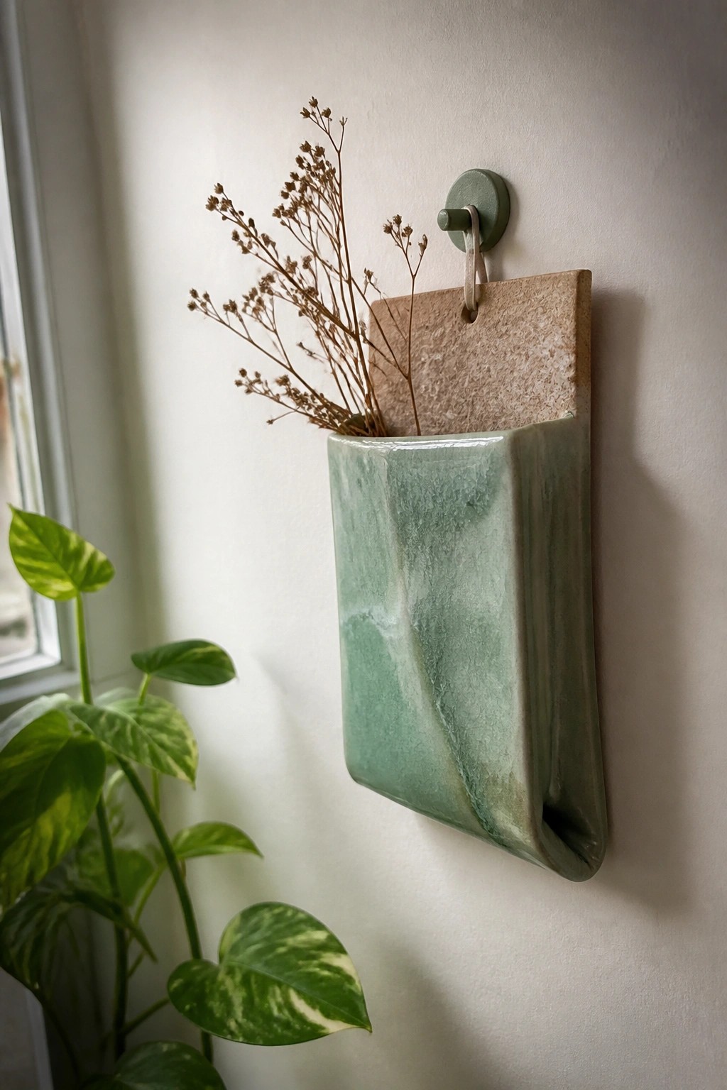 Green ceramic wall vase with dried flowers beside leafy houseplant on white wall