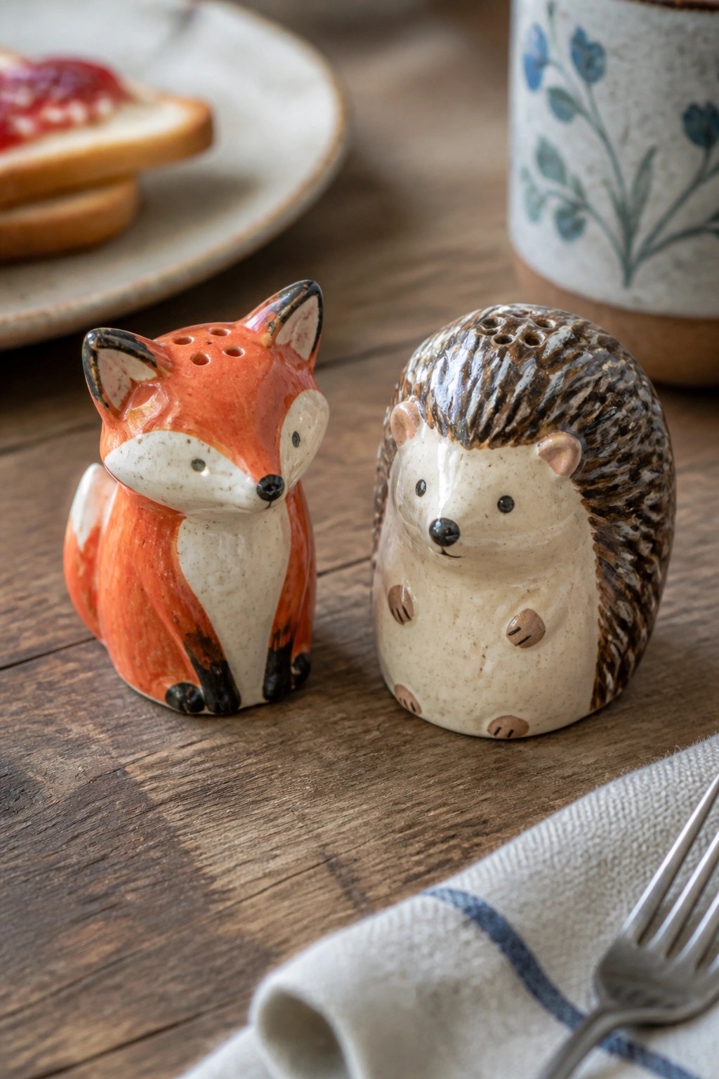 Ceramic orange fox and beige hedgehog shakers on rustic wooden breakfast table
