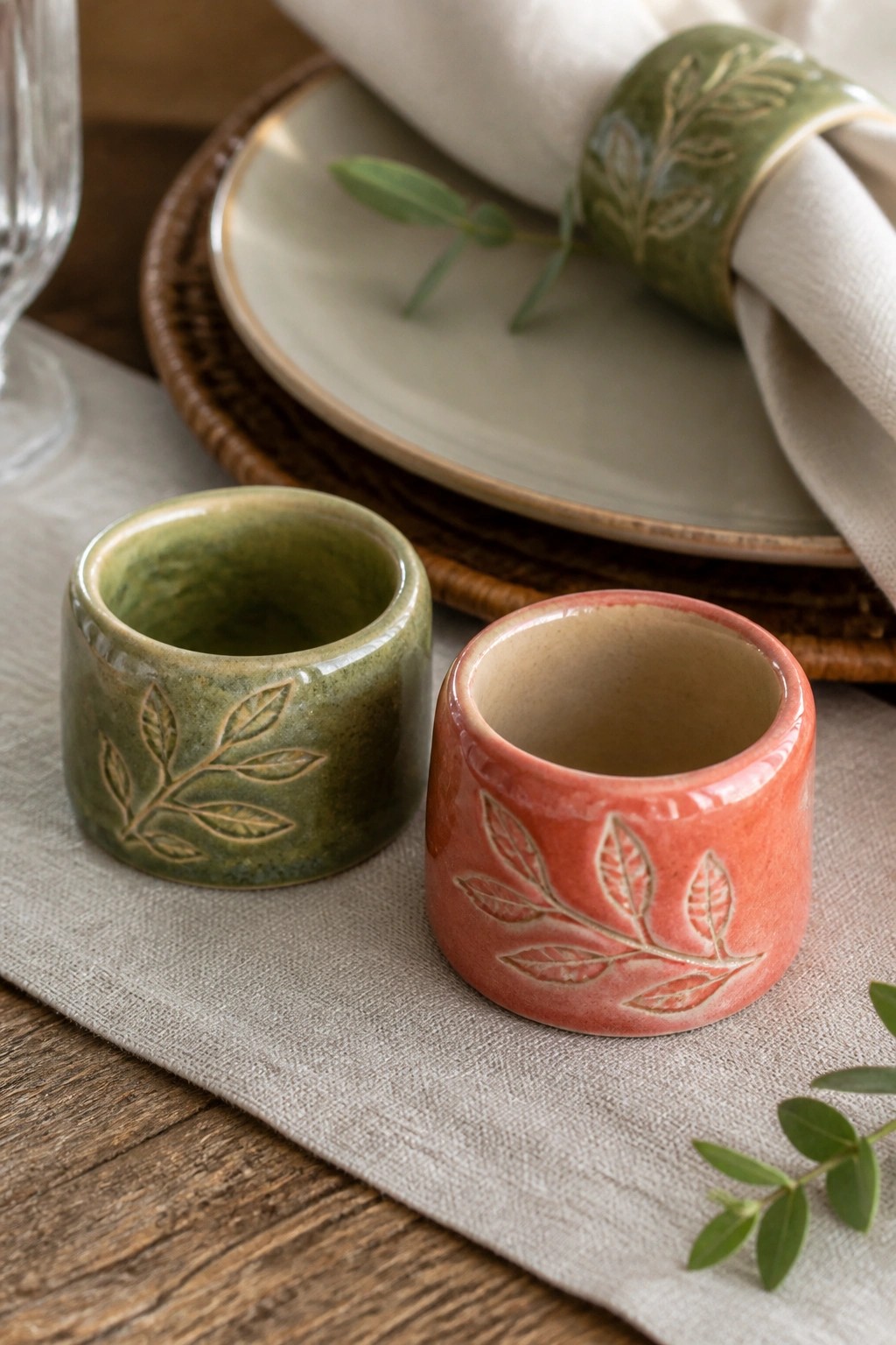 Two small glazed ceramic rings with embossed leaf designs rest on a linen cloth beside stacked plates and a folded napkin.