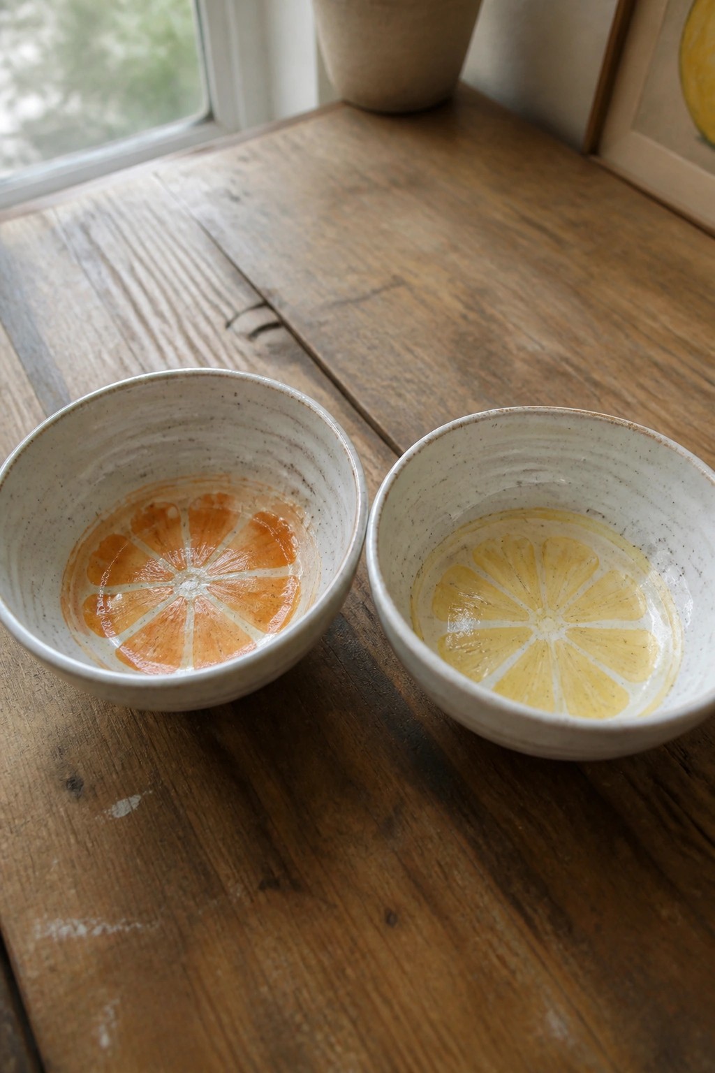 Two ceramic bowls with orange and lemon slices on a rustic wooden table.