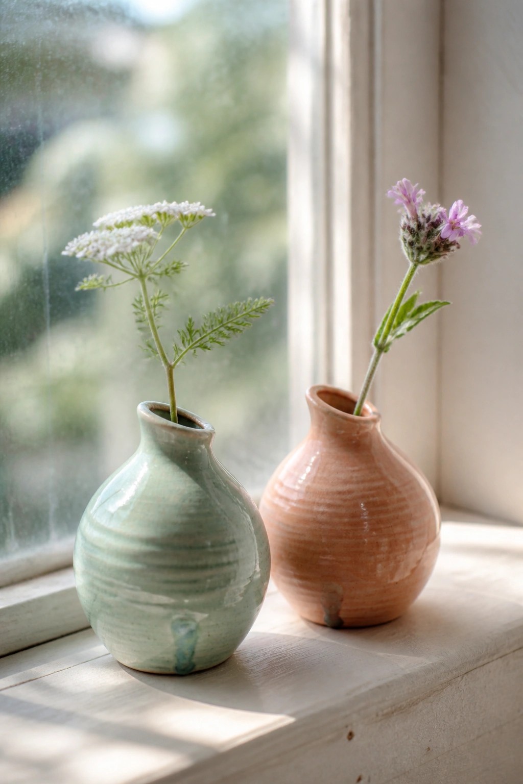 Two ceramic vases with wildflowers on a sunlit wooden windowsill