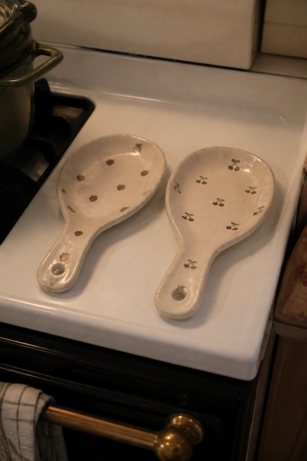 Two ceramic spoons with strawberries and cherries on a white stovetop