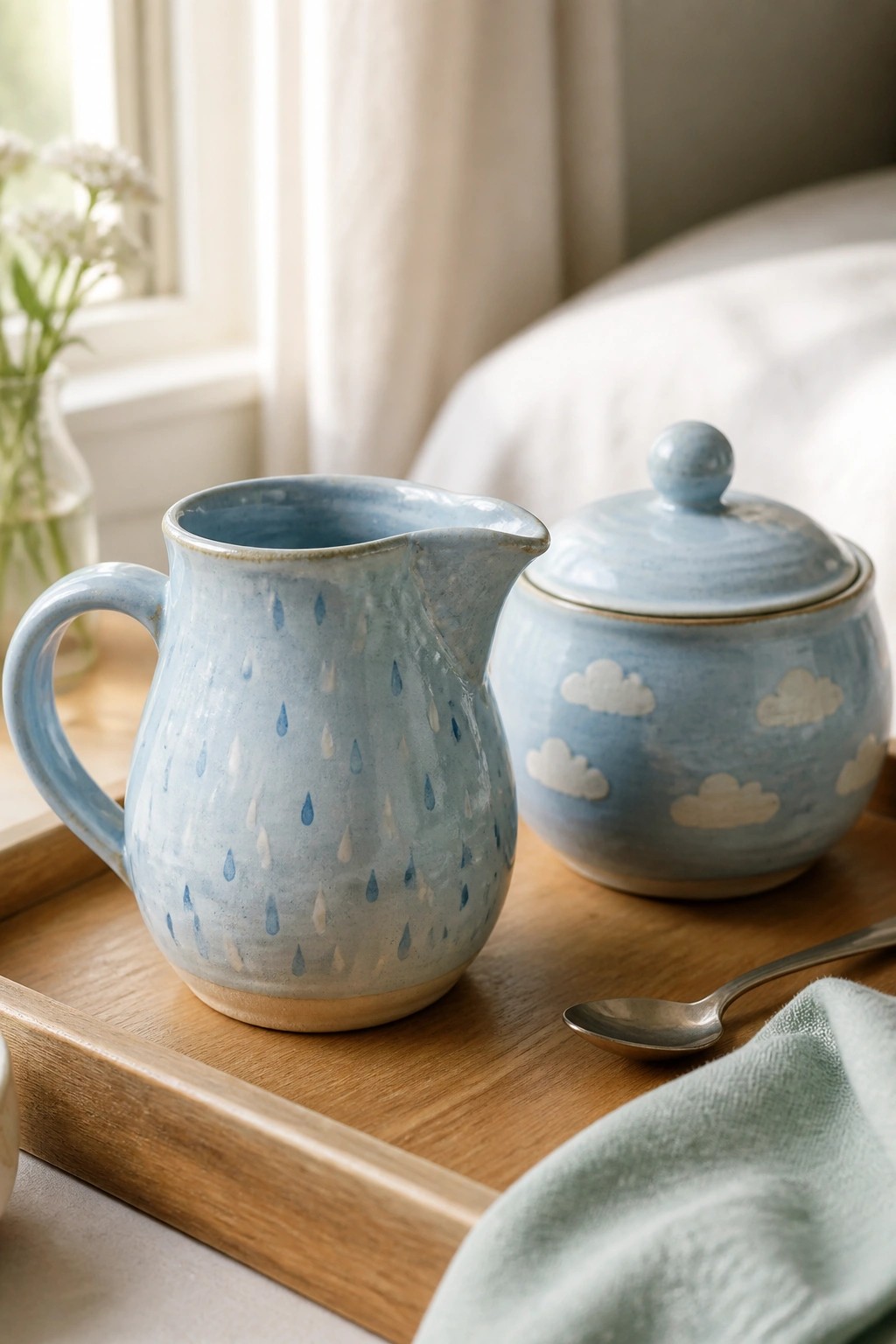 Blue ceramic pitcher with raindrop patterns beside a lidded bowl with cloud patterns on a wooden tray.