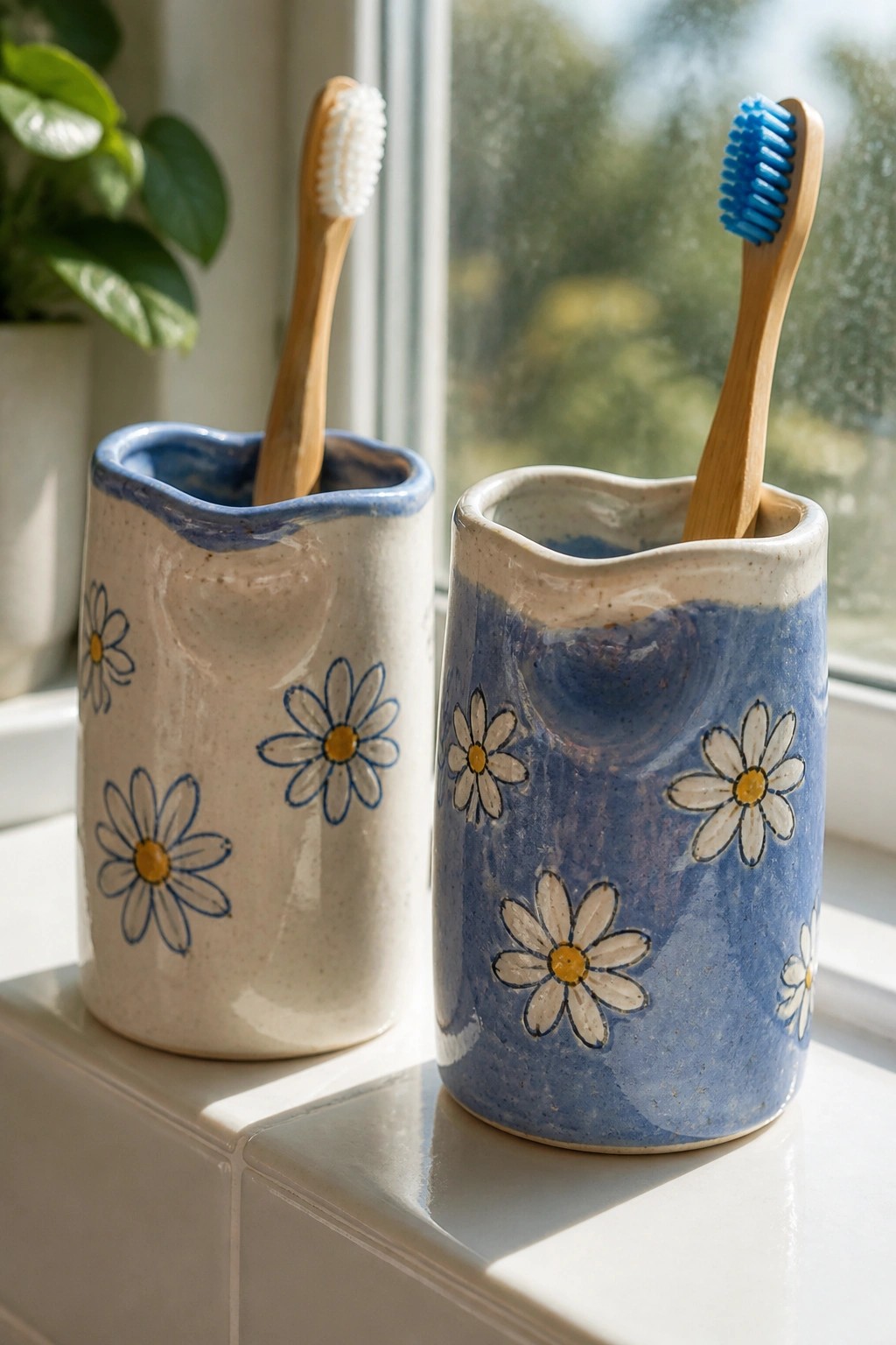 Two ceramic daisy holders with bamboo toothbrushes on a sunny windowsill