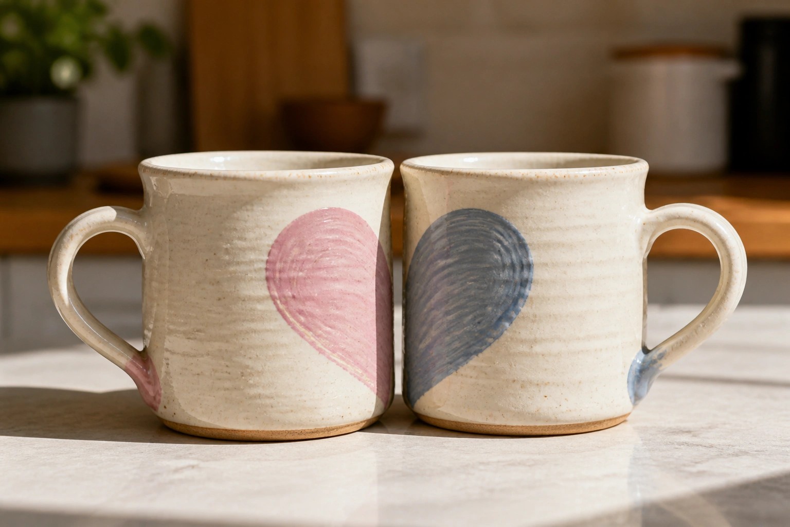 Two ceramic mugs with pink and blue hearts touching on marble countertop