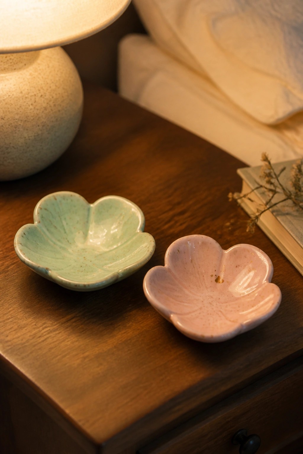 Turquoise and pink flower-shaped ceramic bowls on dark wooden nightstand