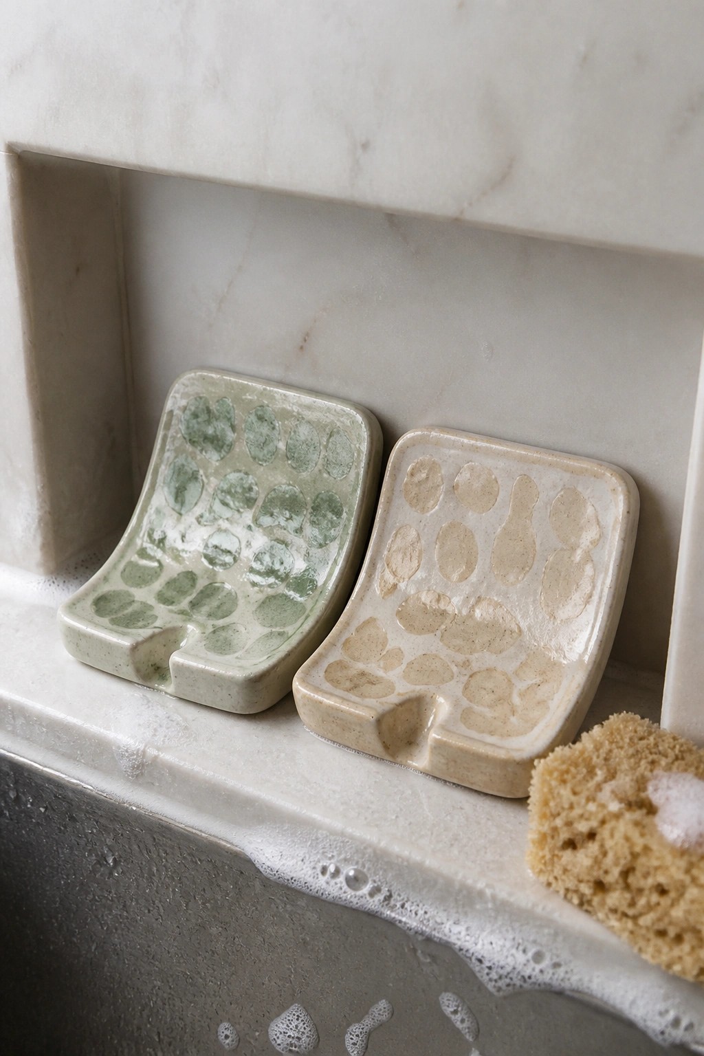 Two speckled ceramic soap dishes on soapy marble ledge with sponge