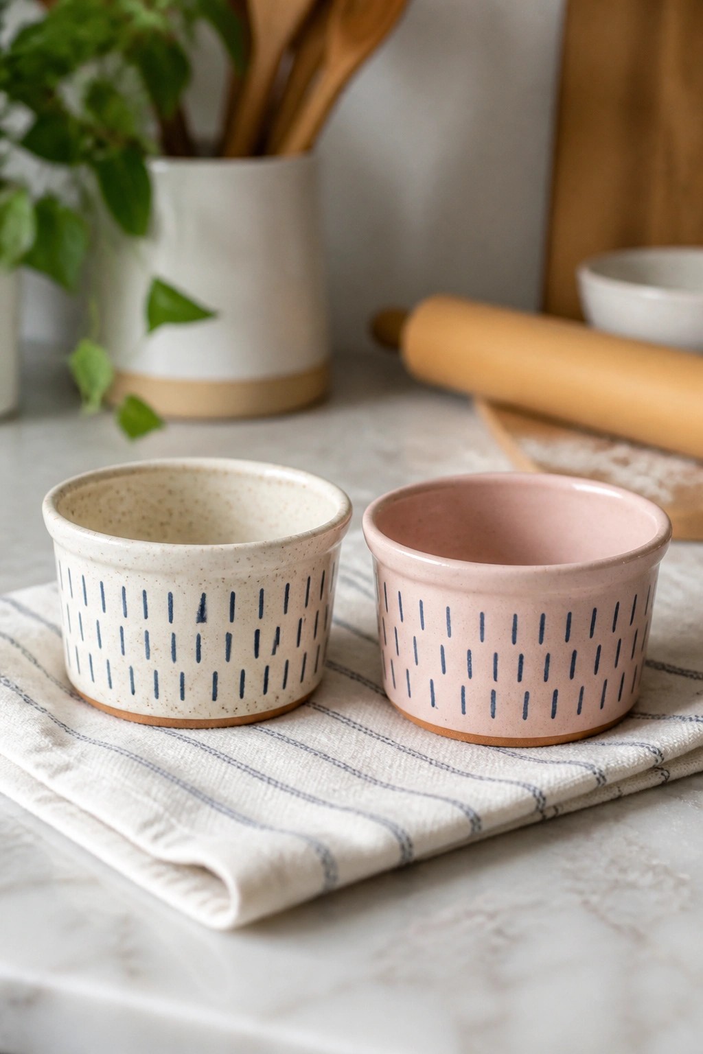 Two ceramic bowls, cream and pink with blue dashes, on striped cloth.