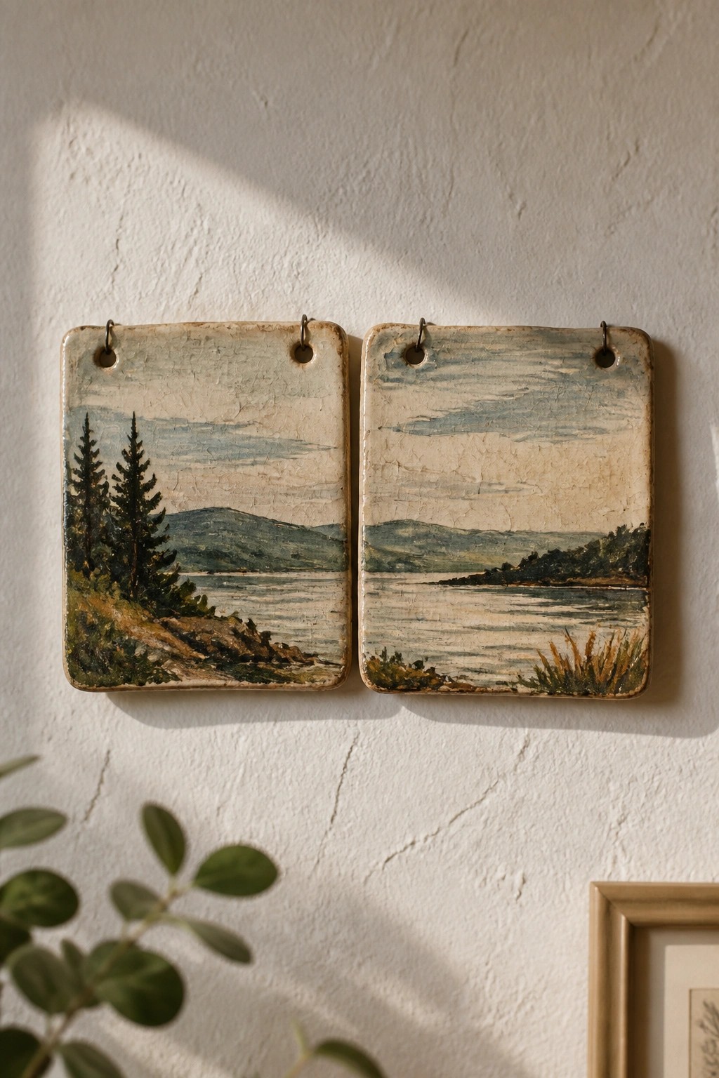 Two ceramic tiles with lakeside landscape paintings hang on a sunlit white wall.