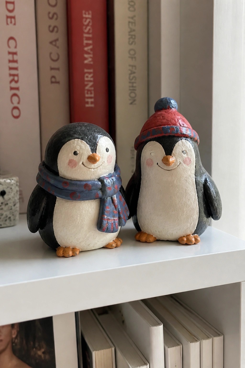 Two ceramic penguins on shelf, one with blue scarf, one with red hat, books behind.