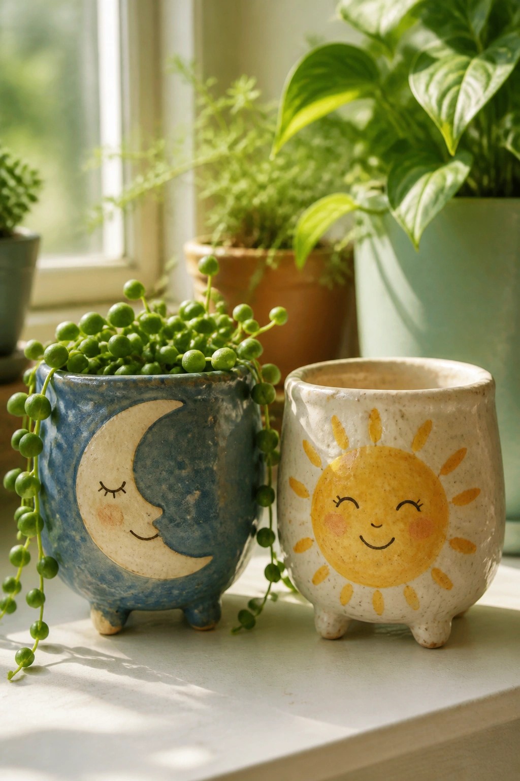 Blue moon pot with trailing plant beside smiling sun pot on sunny windowsill