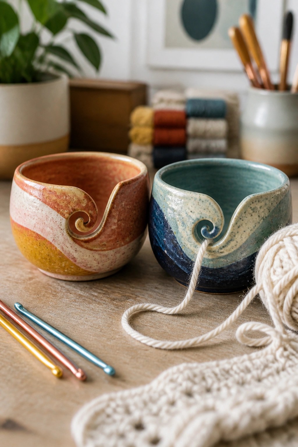 Two colorful ceramic yarn bowls with crochet hooks, white yarn, and knitting on wood table