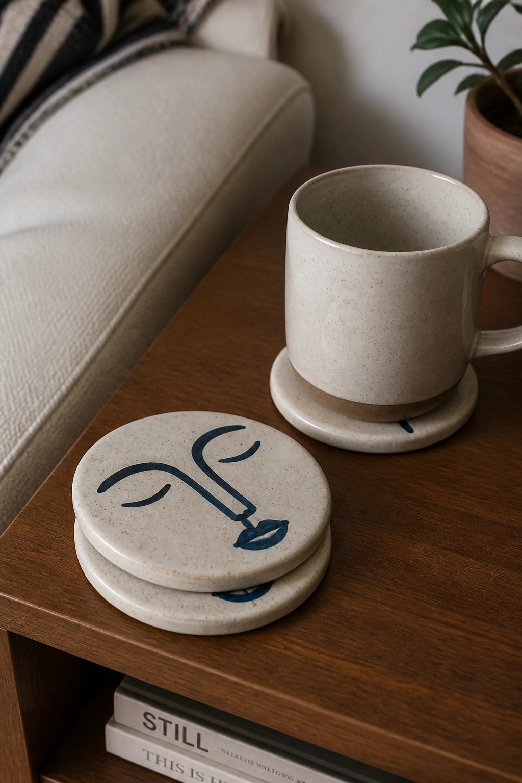 Speckled ceramic mug on wooden table beside face-illustrated coasters and books