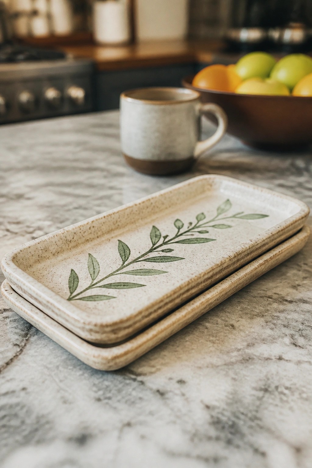 Stacked ceramic trays with green leaf design on marble kitchen counter