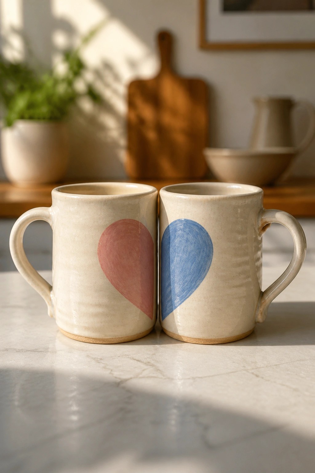 Two ceramic mugs with pink and blue hearts touching on marble countertop