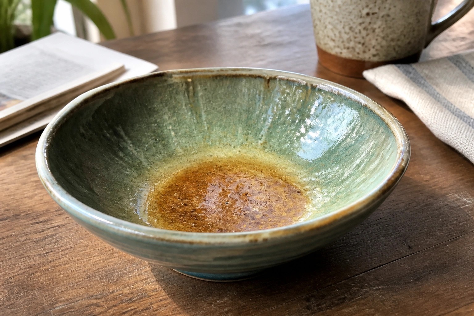 Green ceramic bowl with brown residue on wooden table beside mug and newspaper