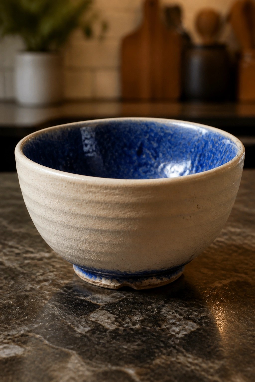 Textured beige ceramic bowl with vibrant blue interior on marble counter