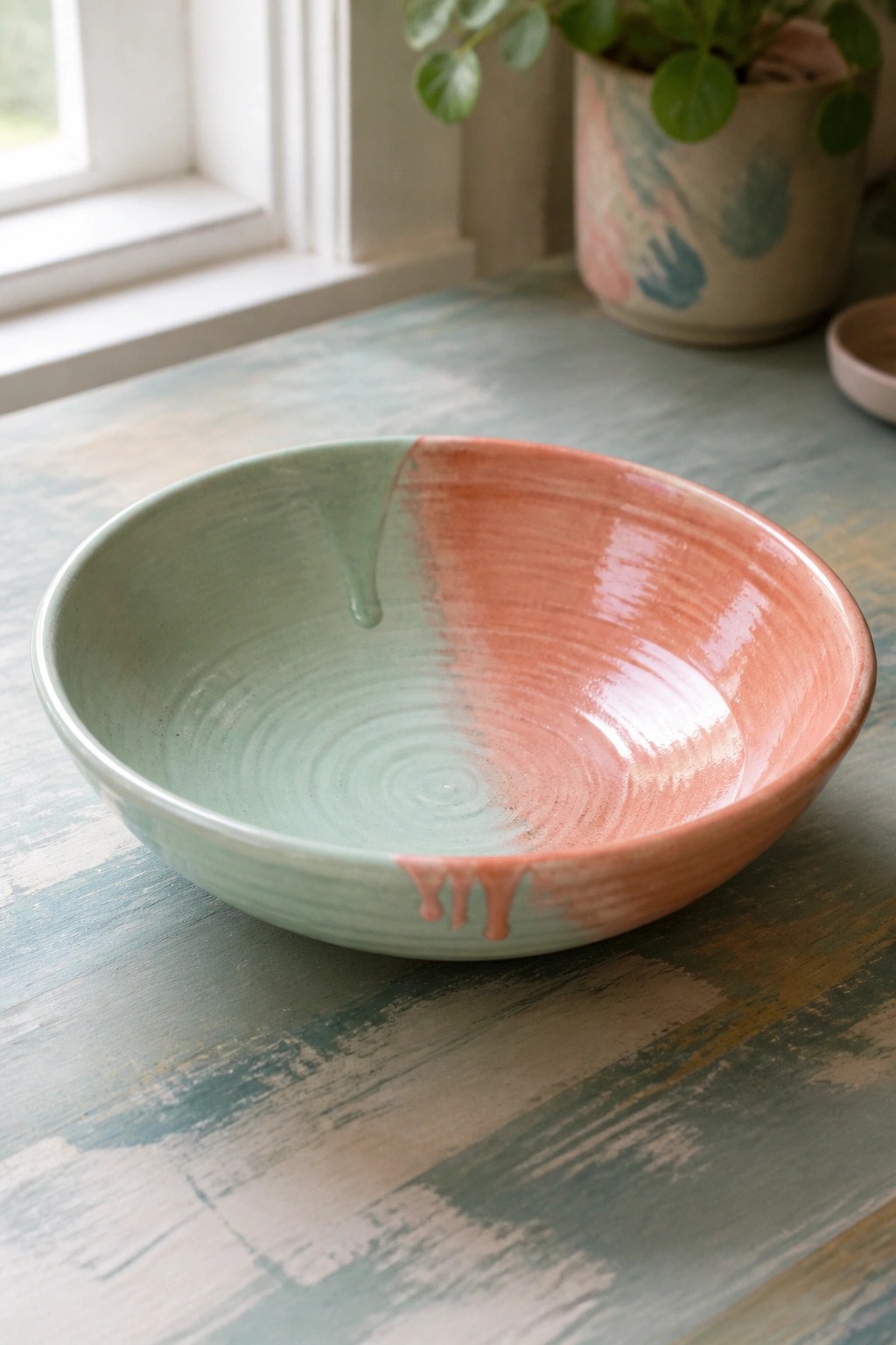Mint green and coral pink ceramic bowl with dripping glaze on wooden table