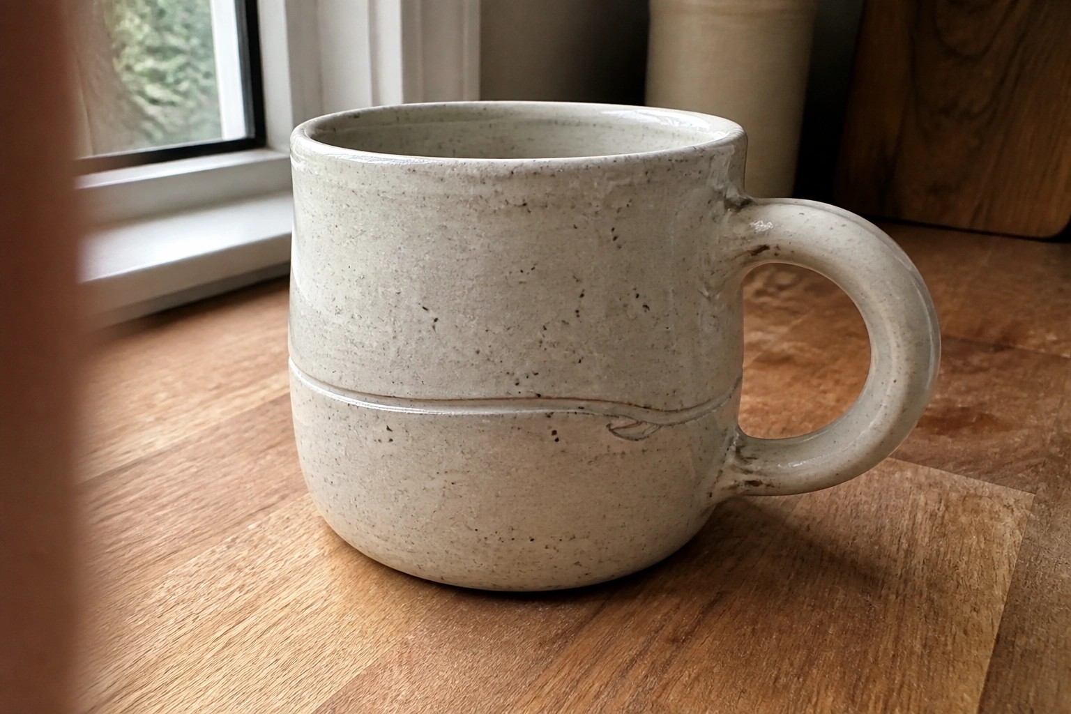 A short off-white speckled ceramic mug with one thin wavy incised line around the body rests on a wooden surface.