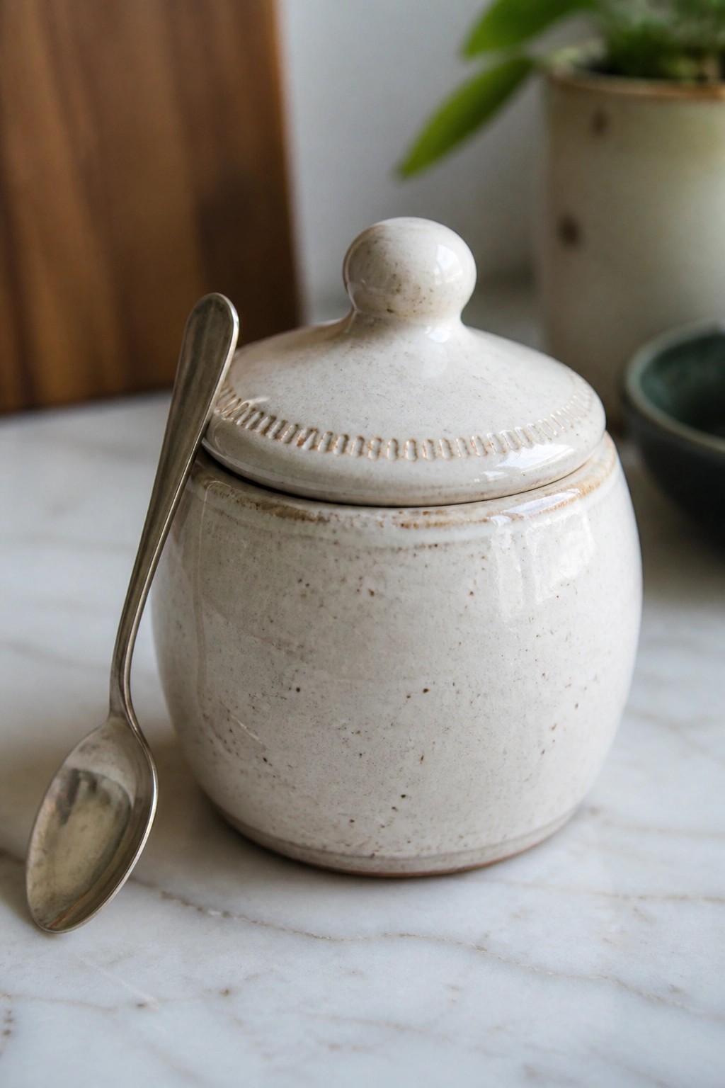Creamy ceramic jar with lid and silver spoon on marble countertop