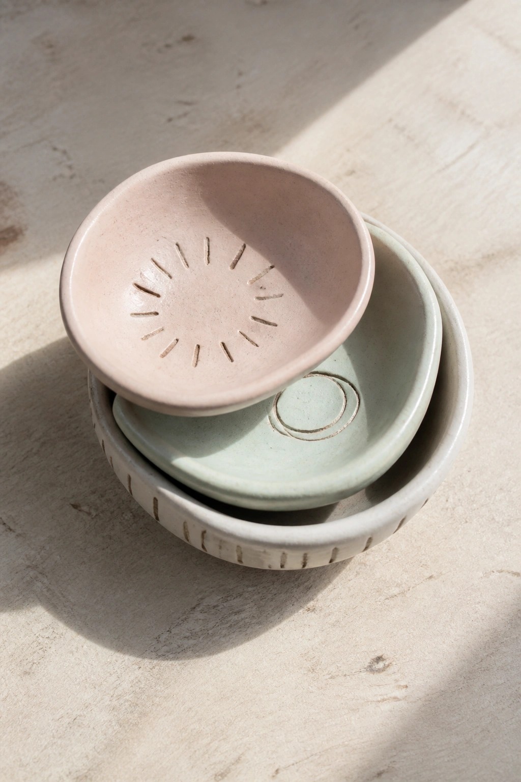 Three stacked ceramic bowls in pink, green, and cream with etched sun and circle designs