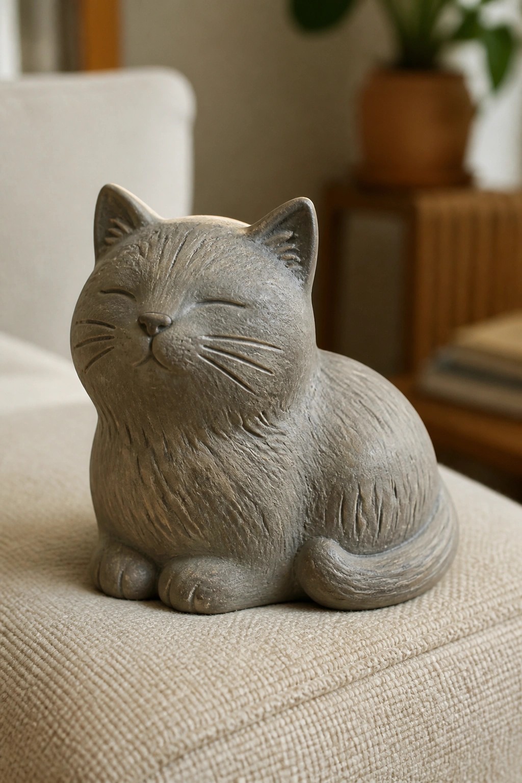 Gray stone cat sculpture with closed eyes on beige woven fabric