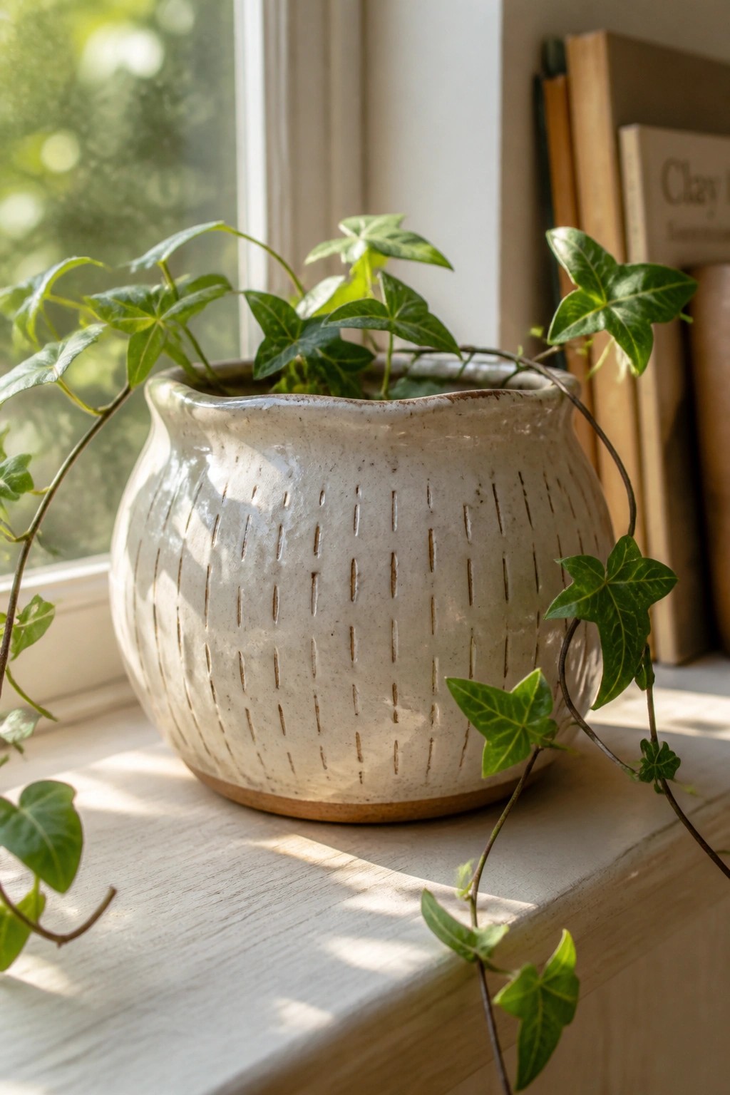 Ivy plant with trailing leaves in textured white ceramic pot on sunny windowsill