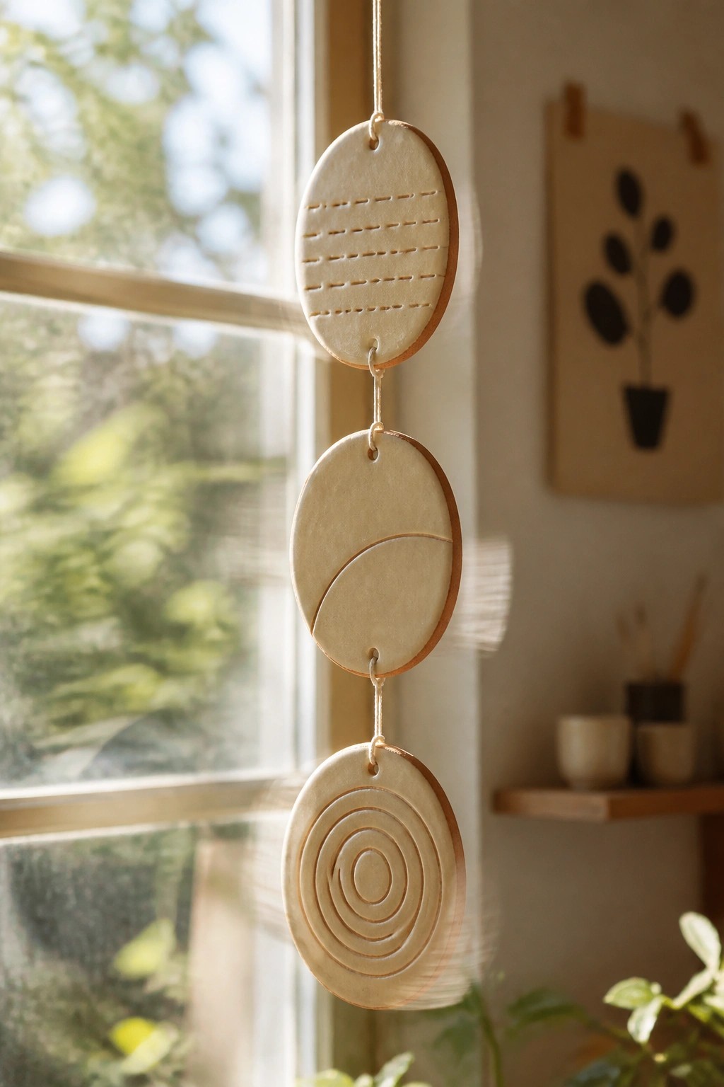 Three beige ceramic ovals with etched designs hang vertically by a sunlit window