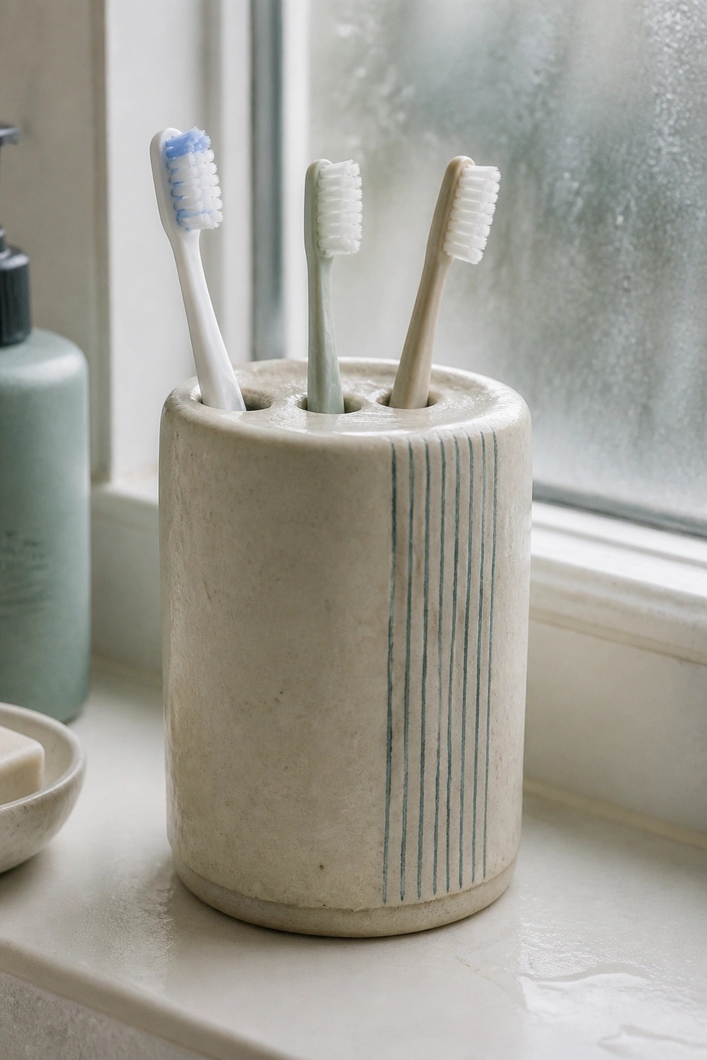 Three toothbrushes in a striped ceramic holder on a wet windowsill.