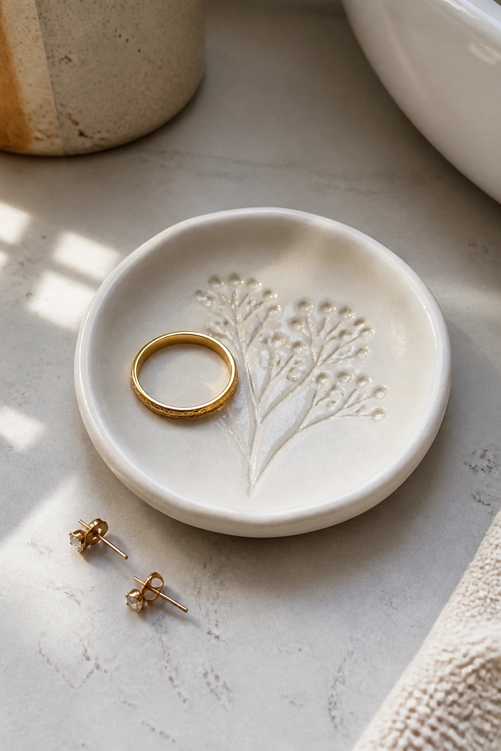 White ceramic dish with botanical design holding gold ring beside diamond stud earrings on marble