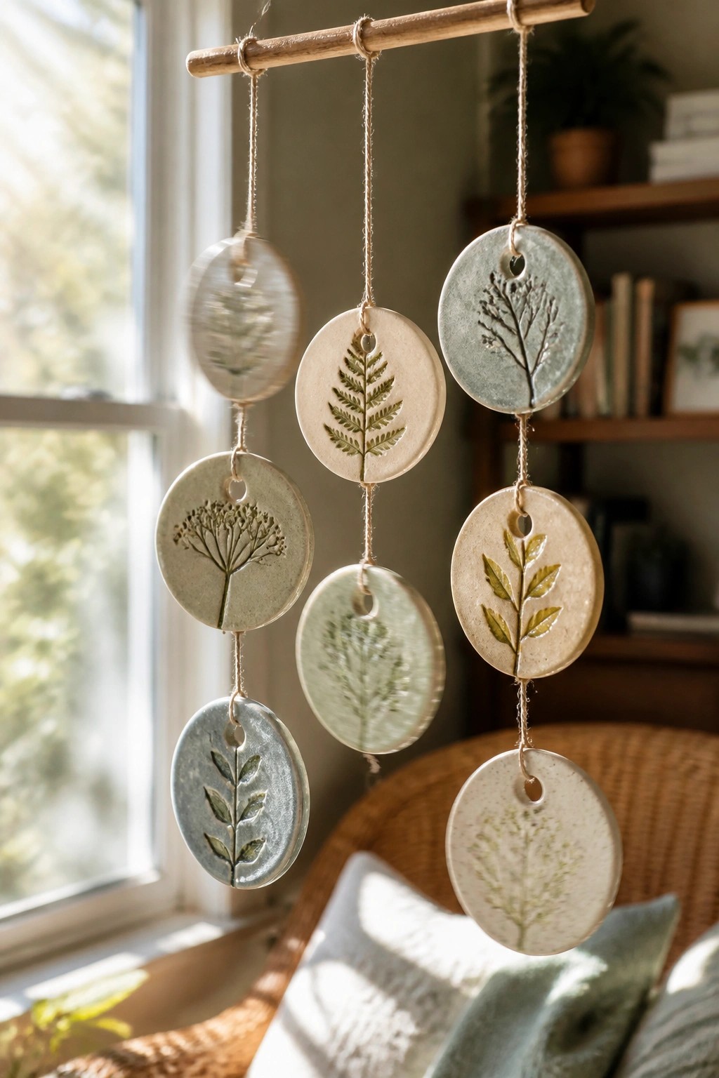 Ceramic discs with fern and leaf imprints hanging from wooden rod in sunlight